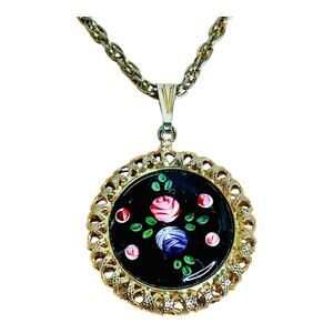 Vintage Black Enamel Victorian Revival Pink Purple Gold Tone Pendant Necklace